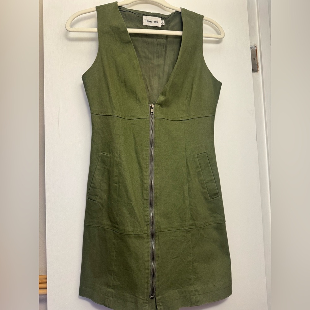 Line & Dot Olive Green Zip-Front Mini Dress